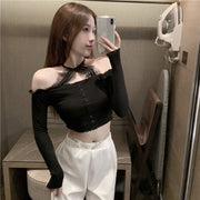 Looty Lush One-shoulder lace halterneck T-shirt