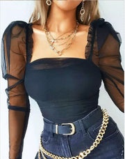 Puff sleeves tube top ruffled tight long sleeve mesh top