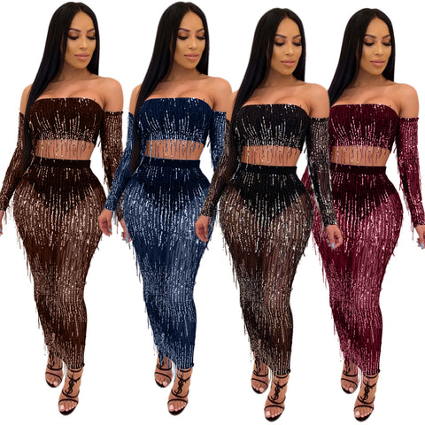 Fashion Sexy See-through Mesh Sequins Tassel Two-piece Set Looty Lush