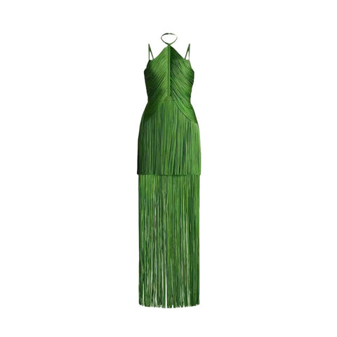 Green Halter Spaghetti Straps Tassel Dinner Ball Dress Looty Lush