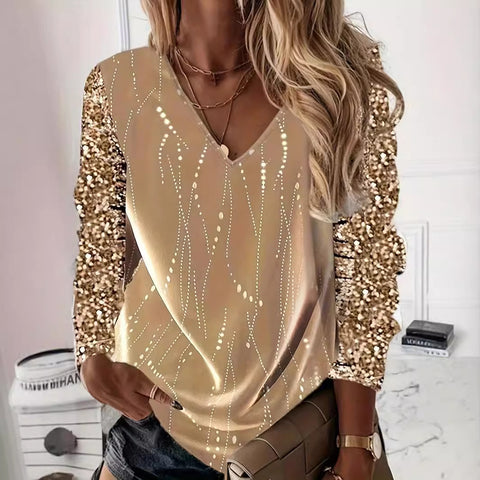 Milk Silk V-neck Sequins Long Sleeve Pullover Top Women