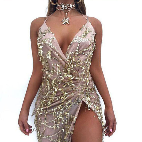 V-neck sexy halter strap sequin dress Looty Lush