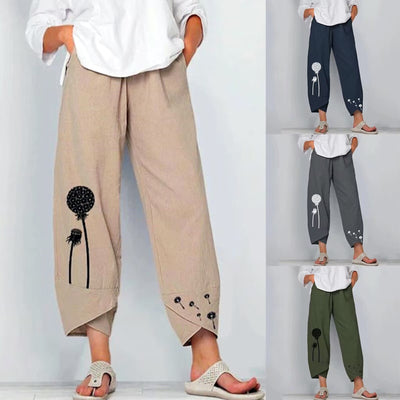 Women's Casual Printed Cotton And Linen High Waist Cropped Pants Looty Lush