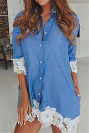 Looty Lush Fashion Collar Lace Denim Shirt