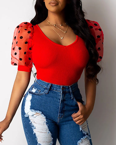 Slim polka dot sleeve T-shirt women