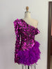 Purple Sequined Feather Skirt One-shoulder Sleeve Short Dress Luxury Party Stage Performance Dress Looty Lush