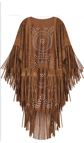 Women's Suede Hollow Fringed Short Sleeve Jacket Looty Lush