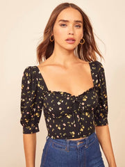 Looty Lush Floral print lace-up short-sleeved shirt top