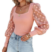 Casual Square Neck Mesh Polka Dot Stitching Pit Strip Long Sleeve T Shirt