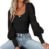 Casual Square Neck Mesh Polka Dot Stitching Pit Strip Long Sleeve T Shirt