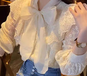 Looty Lush Elegant Bow Long Sleeve Lace Shirt