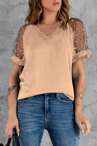 Lace Short Sleeve Top Ladies Slim Fit V-Neck Pullover T-Shirt