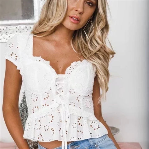 Looty Lush Openwork lace-up shirt top