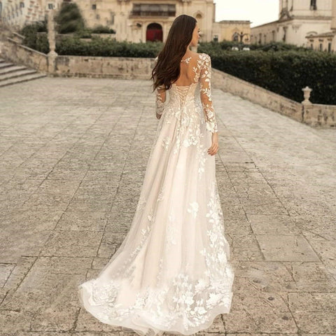 Long Sleeve Wedding Dress Mori Style Bridal Simple Round Neck Looty Lush