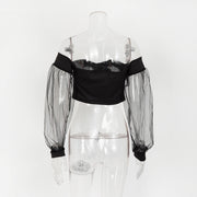 Short shoulder mesh gauze puff sleeve short top