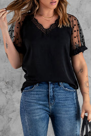 Lace Short Sleeve Top Ladies Slim Fit V-Neck Pullover T-Shirt