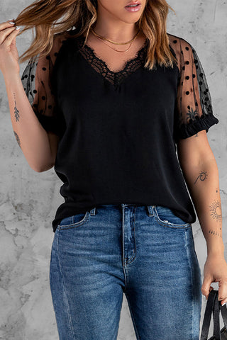 Lace Short Sleeve Top Ladies Slim Fit V-Neck Pullover T-Shirt