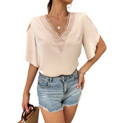 Looty Lush Women's Lace Solid V-Neck Versatile Solid T-Shirt