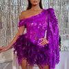 Purple Sequined Feather Skirt One-shoulder Sleeve Short Dress Luxury Party Stage Performance Dress Looty Lush