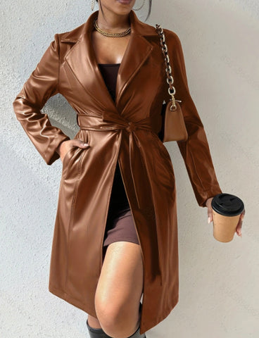 PU Long Sleeve Women's Slim Fit Long Trench Coat Looty Lush