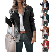 Elegant Slim-fit Lapel Single Breasted Solid Color PU Leather Long-sleeved Top Looty Lush