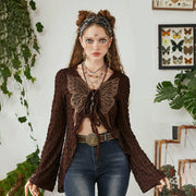 Pure Desire Fairy Style Design Butterfly Embroidery Tie-neck Cardigan Thin Blouse T-shirt Niche Top