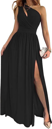 Women's One Shoulder High Split Cutout Sleeveless Elegant Sexy Cocktail Maxi Dress Looty Lush