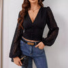 Women's Chiffon Lantern Sleeve V-neck Top - Elegant Long-sleeved T-shirt