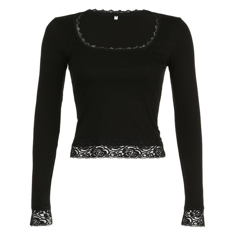 Lace U-neck Long-sleeved T-shirt