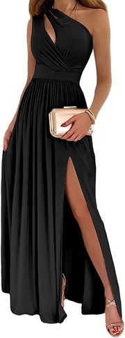 Women's One Shoulder High Split Cutout Sleeveless Elegant Sexy Cocktail Maxi Dress Looty Lush