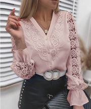 Looty Lush Women's Long Sleeve Lace Fashion V-neck Top