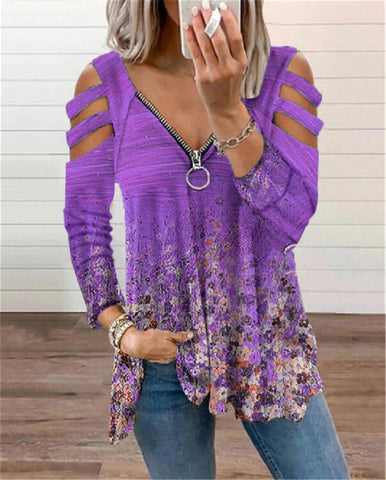 Looty Lush V-neck Small Floral Zipper Long-sleeved Loose T-shirt Top