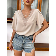 Looty Lush Women's Lace Solid V-Neck Versatile Solid T-Shirt