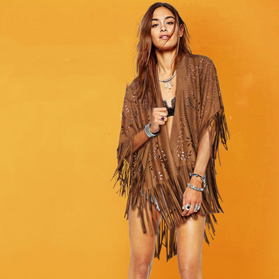 Women's Suede Hollow Fringed Short Sleeve Jacket Looty Lush