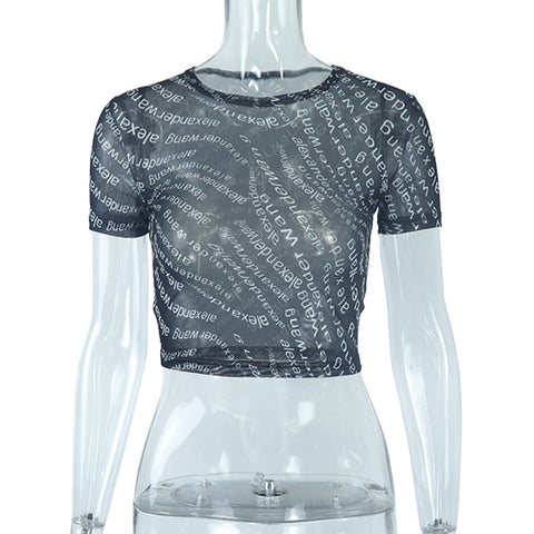 Crew Neck Mesh Perspective Digital Print Short T-Shirt