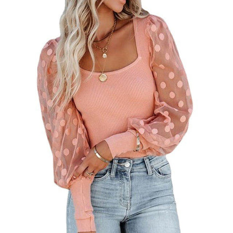 Casual Square Neck Mesh Polka Dot Stitching Pit Strip Long Sleeve T Shirt