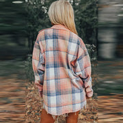 Back view of the stylish patchwork shirt coat for women