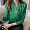 Back view of elegant business satin blouse for women