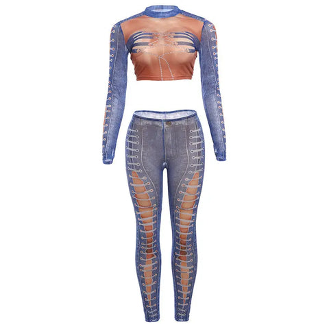 Digital Printed Mesh See-through Trousers Suit Women Looty Lush