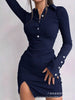 Elegant Temperament Lapel Button Slit Dress Looty Lush