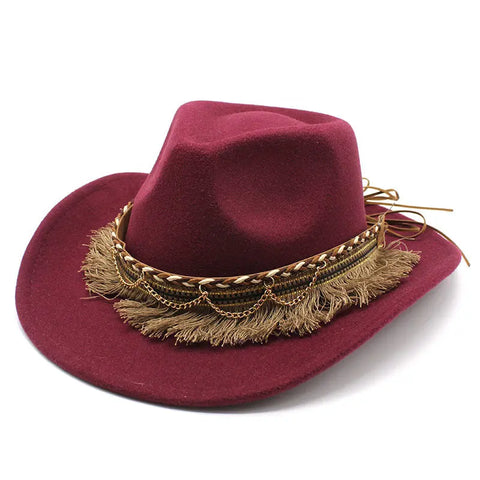 Ethnic Style Tassel Felt Cap Jazz Flat Brim Hat Looty Lush