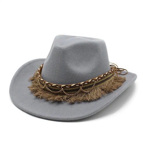 Ethnic Style Tassel Felt Cap Jazz Flat Brim Hat Looty Lush