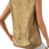 Back view of the loose sleeveless women's top on a model