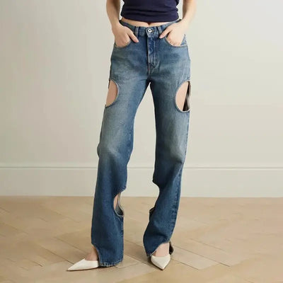 Fashion Casual High-grade Straight-leg Pants High Waist Hollow Design Looty Lush