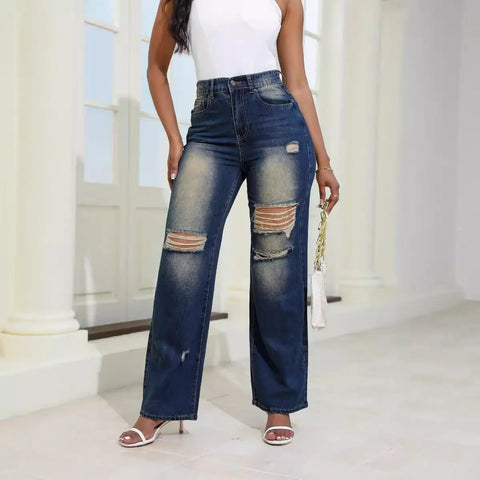 Fashion High Waist Ripped Jeans With Pockets Comfortable Slim Fit Trousers Straight Wide-leg Pants Womens Clothing Looty Lush