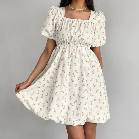 French Elegant Floral Puff Sleeve Dress Looty Lush