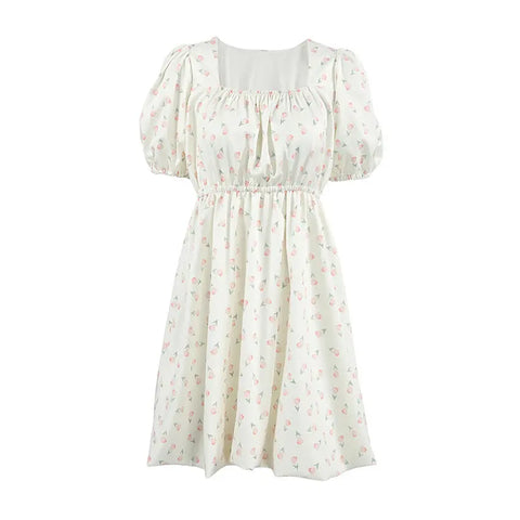 French Elegant Floral Puff Sleeve Dress Looty Lush