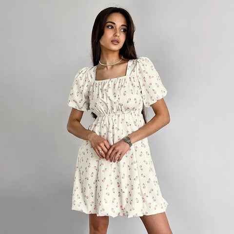 French Elegant Floral Puff Sleeve Dress Looty Lush