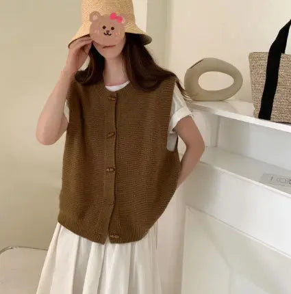 Horn Button Knitted Coat Sleeveless Vest For Women Looty Lush