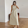 Khaki Halter Linen Elegant Lace-up Nipped-waist Vest Dress Looty Lush